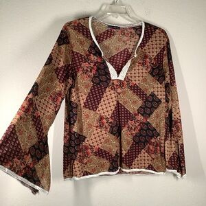 VINTAGE Plus Size Patchwork Blouse Top 1X Brown Floral Boho Hippie Retro 70s Y2K